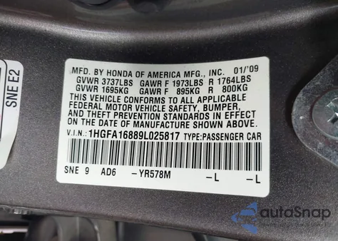 2009 Honda Civic Ex из США, поврежденный, VIN 1HGFA16889L025817